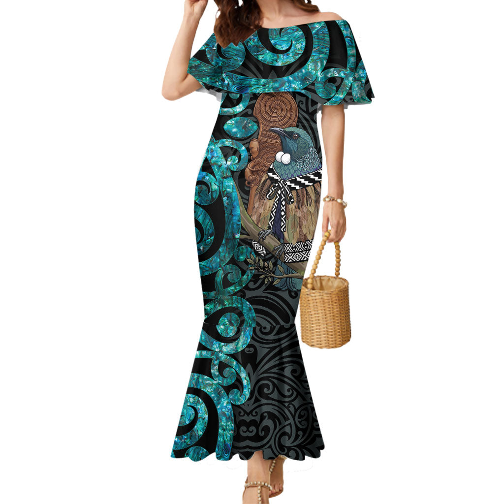 New Zealand Tui Bird Wahaika Mermaid Dress Maori Weapon Paua Shell Koru Pattern LT22 Women Black - Polynesian Pride