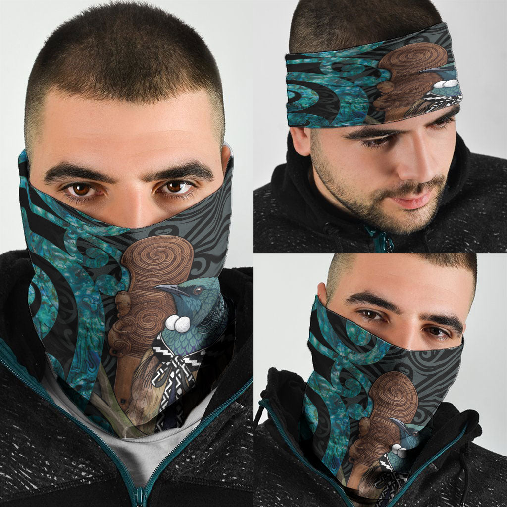 New Zealand Tui Bird Wahaika Neck Gaiter Maori Weapon Paua Shell Koru Pattern LT22 - Polynesian Pride