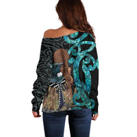 New Zealand Tui Bird Wahaika Off Shoulder Sweater Maori Weapon Paua Shell Koru Pattern LT22 - Polynesian Pride