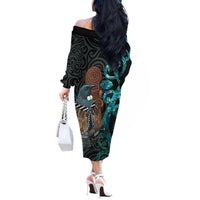 New Zealand Tui Bird Wahaika Off The Shoulder Long Sleeve Dress Maori Weapon Paua Shell Koru Pattern LT22 - Polynesian Pride