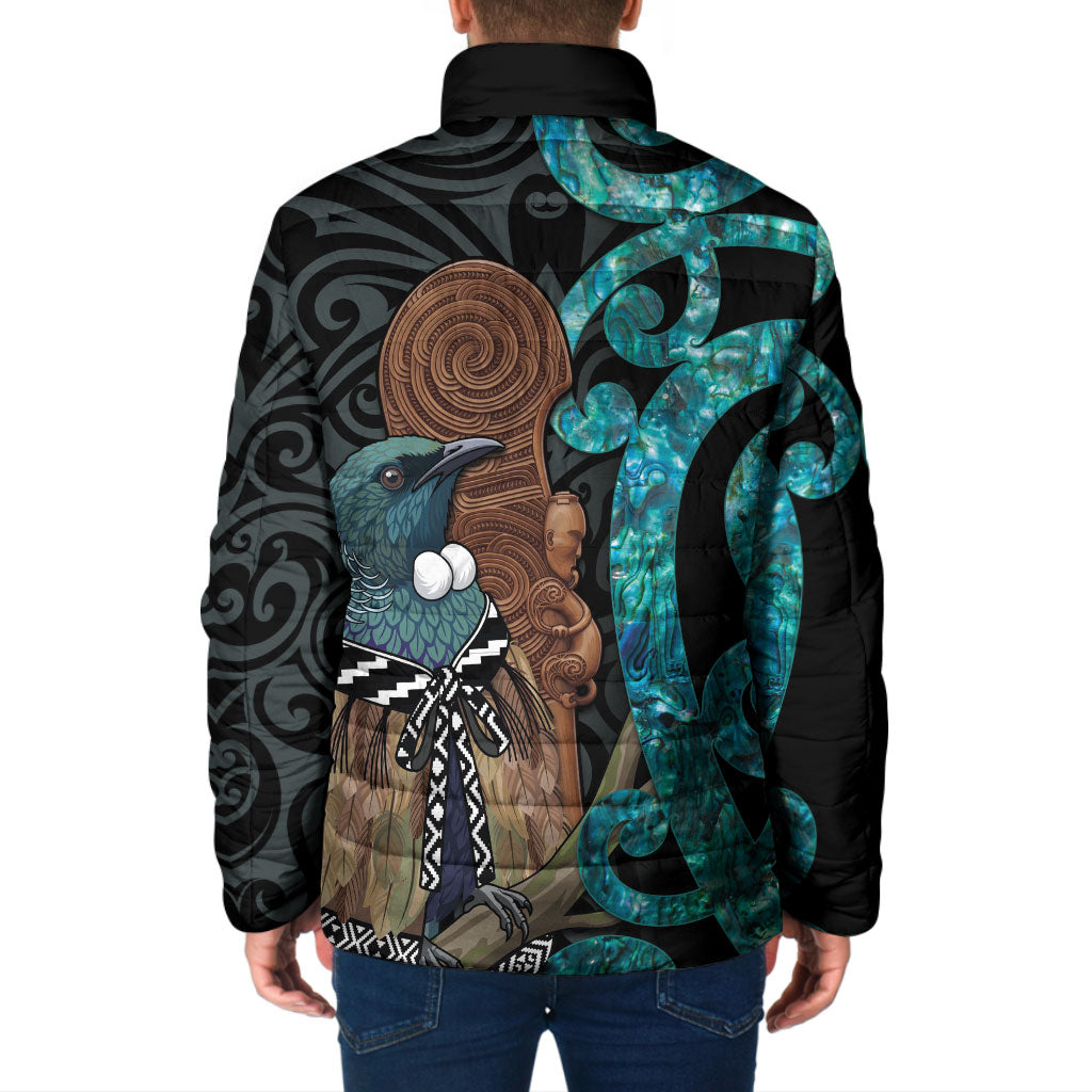 New Zealand Tui Bird Wahaika Padded Jacket Maori Weapon Paua Shell Koru Pattern LT22 - Polynesian Pride