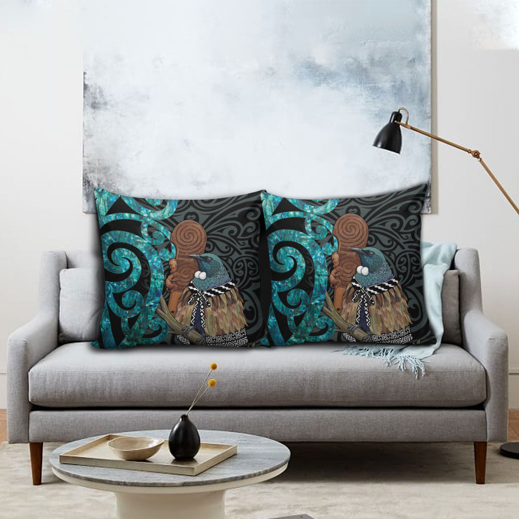 New Zealand Tui Bird Wahaika Pillow Cover Maori Weapon Paua Shell Koru Pattern LT22 - Polynesian Pride
