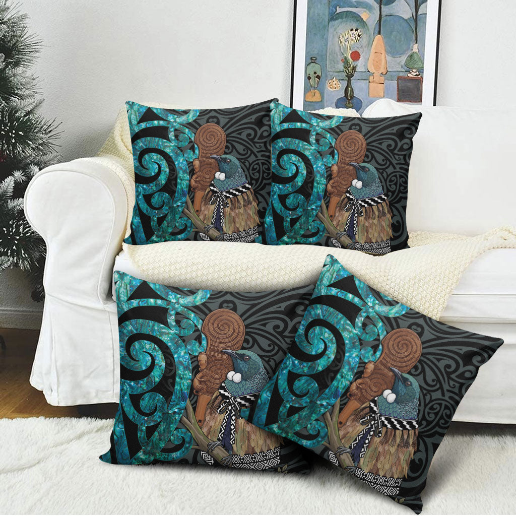 New Zealand Tui Bird Wahaika Pillow Cover Maori Weapon Paua Shell Koru Pattern LT22 - Polynesian Pride
