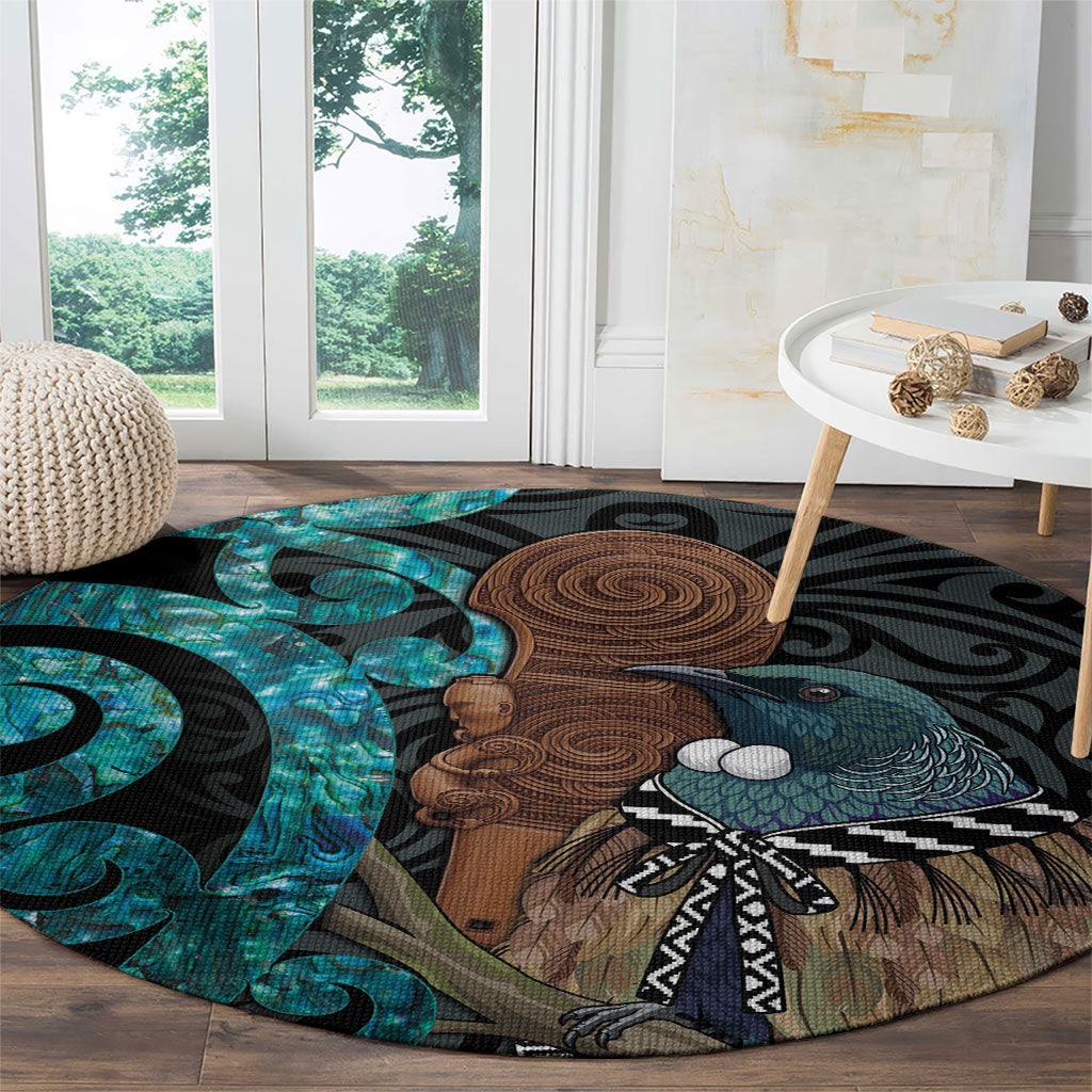 New Zealand Tui Bird Wahaika Round Carpet Maori Weapon Paua Shell Koru Pattern LT22 - Polynesian Pride