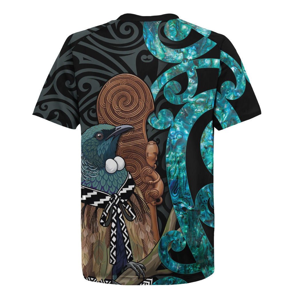 New Zealand Tui Bird Wahaika Rugby Jersey Maori Weapon Paua Shell Koru Pattern LT22 - Polynesian Pride