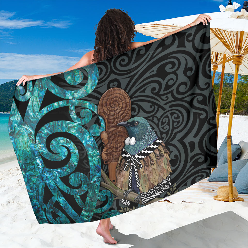 New Zealand Tui Bird Wahaika Sarong Maori Weapon Paua Shell Koru Pattern LT22 One Size 44 x 66 inches Black - Polynesian Pride