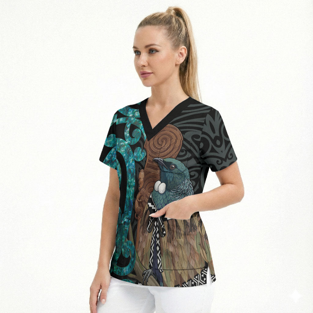 New Zealand Tui Bird Wahaika Scrub Top Maori Weapon Paua Shell Koru Pattern LT22 - Polynesian Pride