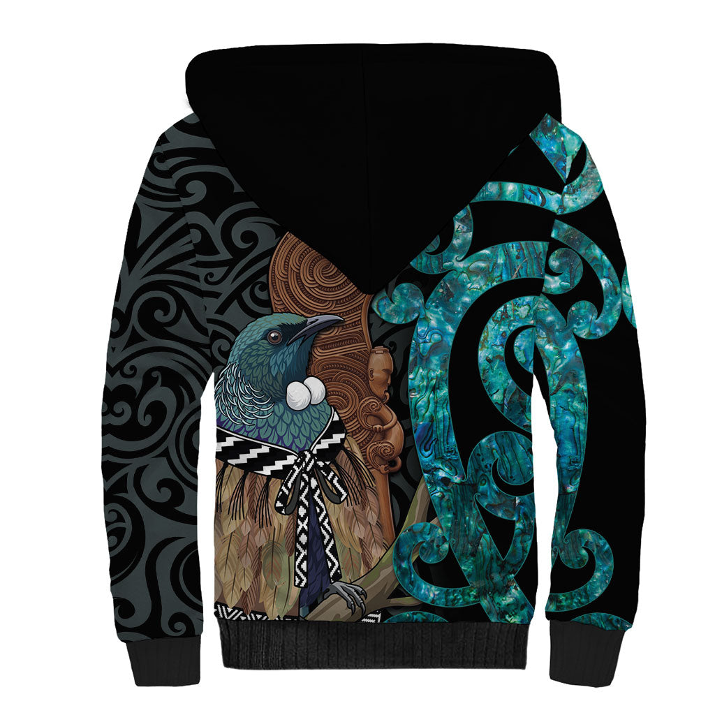 New Zealand Tui Bird Wahaika Sherpa Hoodie Maori Weapon Paua Shell Koru Pattern LT22 - Polynesian Pride