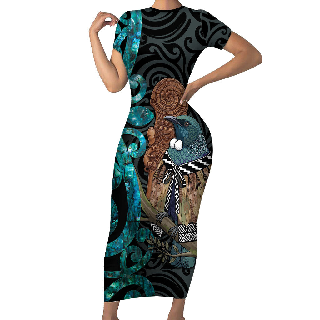 New Zealand Tui Bird Wahaika Short Sleeve Bodycon Dress Maori Weapon Paua Shell Koru Pattern LT22 Long Dress Black - Polynesian Pride