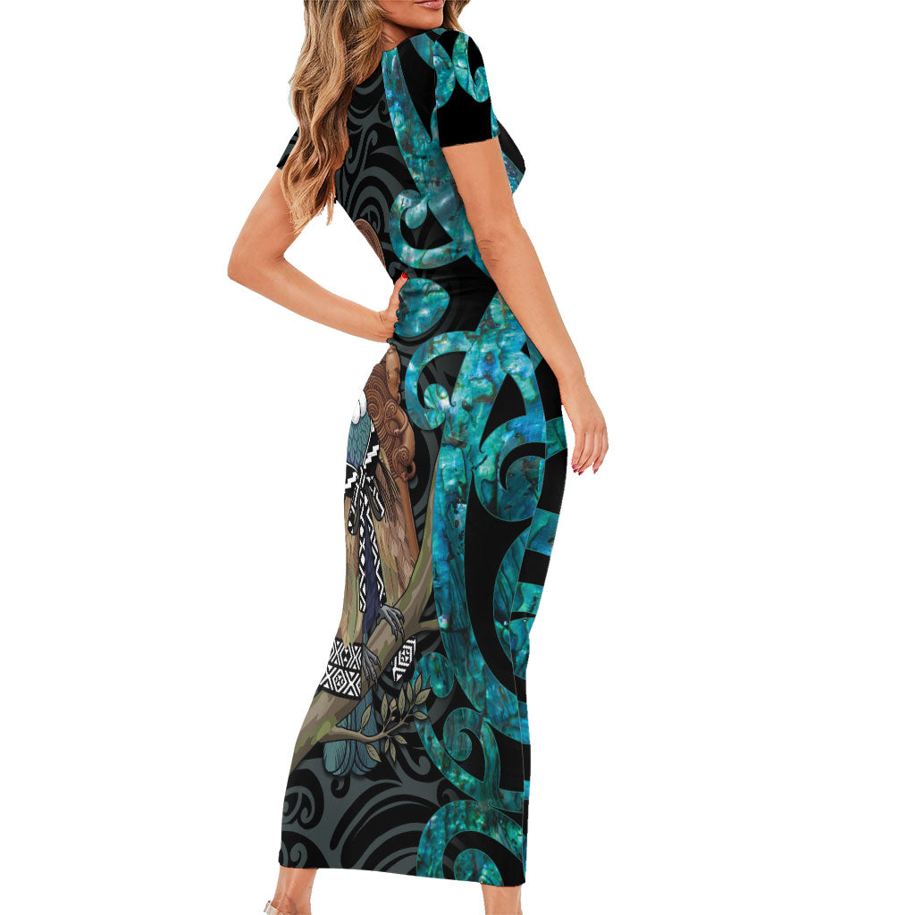 New Zealand Tui Bird Wahaika Short Sleeve Bodycon Dress Maori Weapon Paua Shell Koru Pattern LT22 - Polynesian Pride