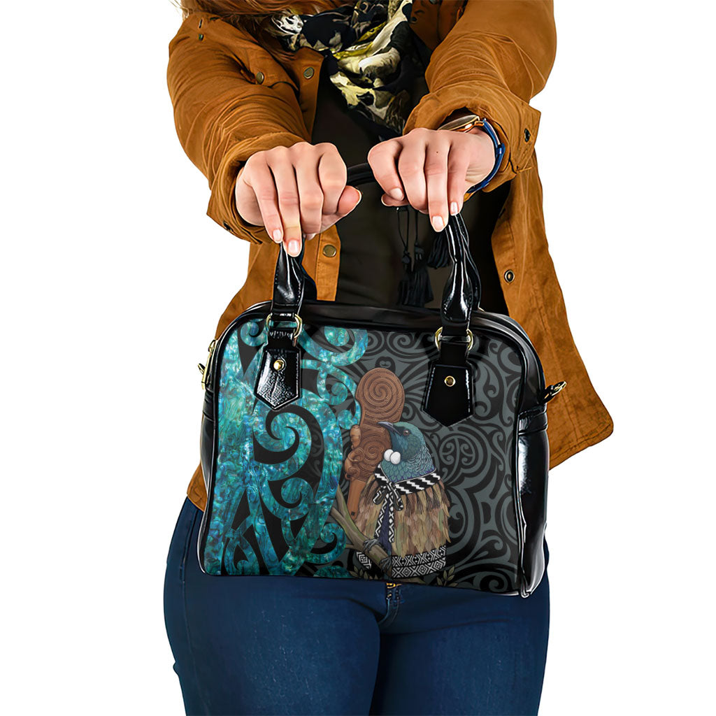 New Zealand Tui Bird Wahaika Shoulder Handbag Maori Weapon Paua Shell Koru Pattern LT22 One Size Black - Polynesian Pride