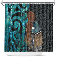 New Zealand Tui Bird Wahaika Shower Curtain Maori Weapon Paua Shell Koru Pattern LT22 Black - Polynesian Pride