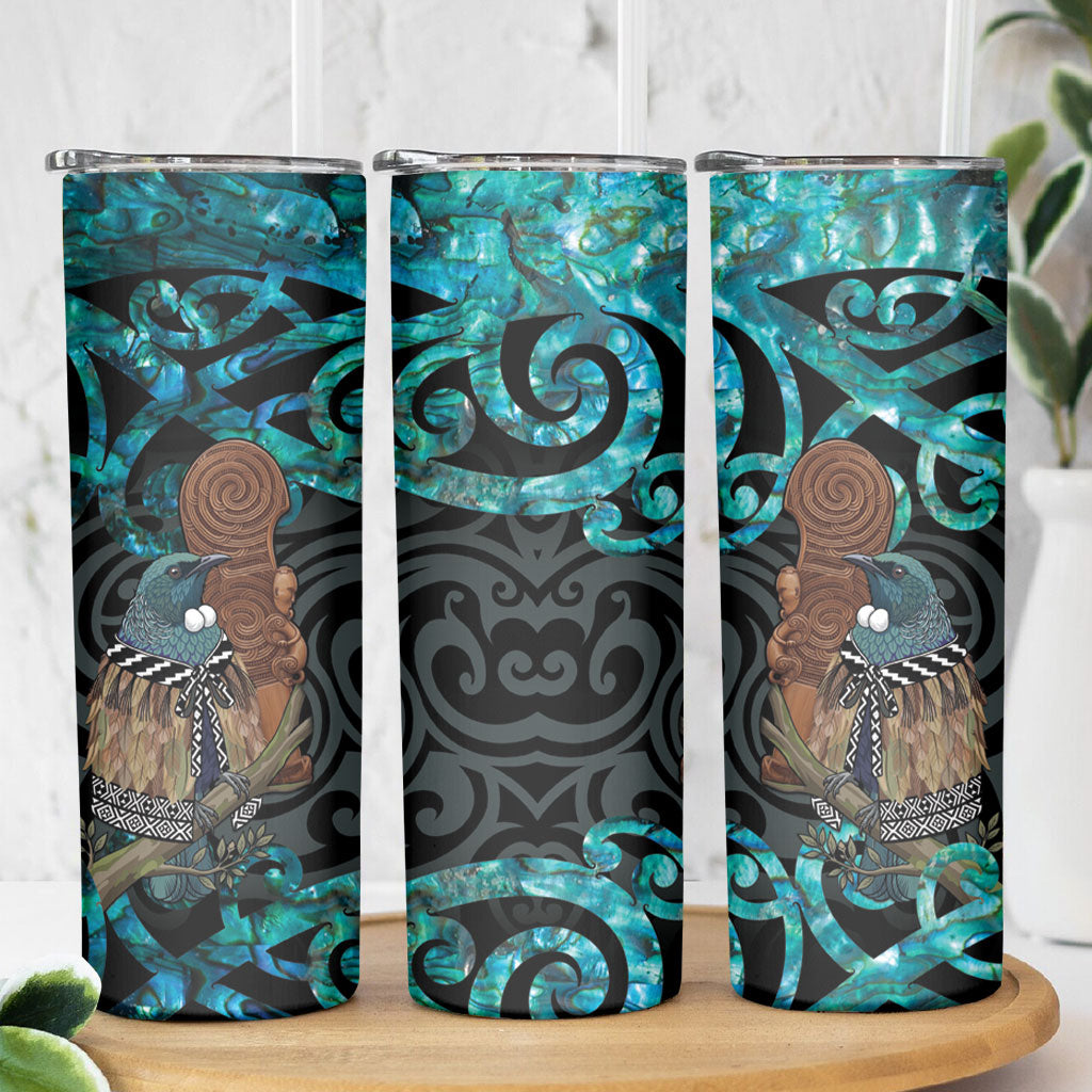 New Zealand Tui Bird Wahaika Skinny Tumbler Maori Weapon Paua Shell Koru Pattern LT22 - Polynesian Pride