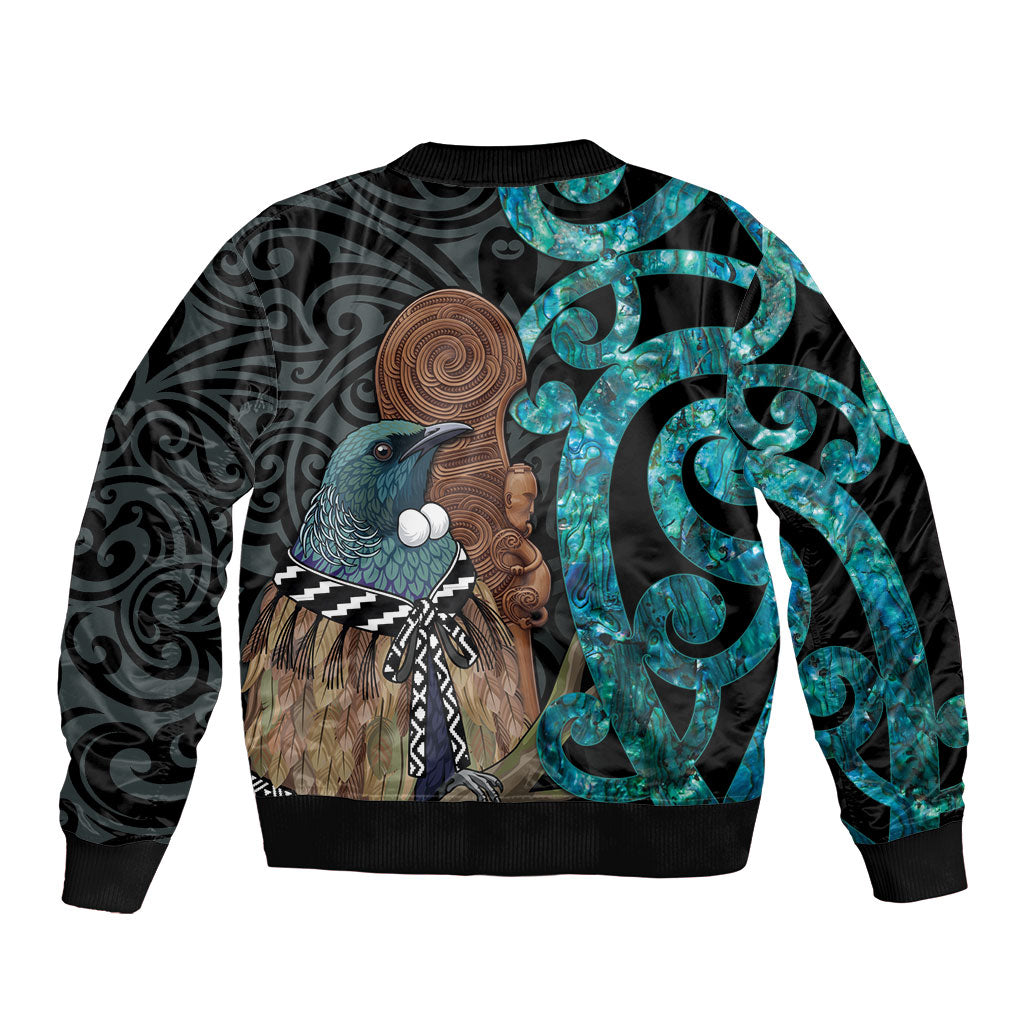 New Zealand Tui Bird Wahaika Sleeve Zip Bomber Jacket Maori Weapon Paua Shell Koru Pattern LT22 - Polynesian Pride