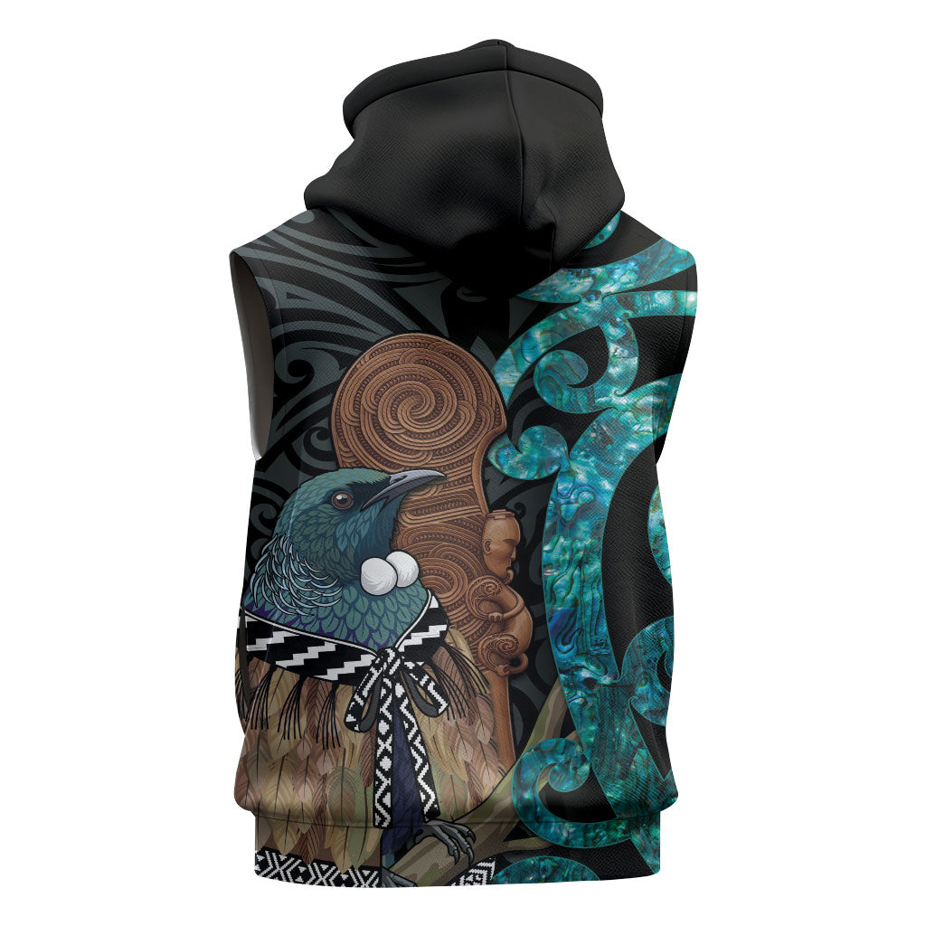 New Zealand Tui Bird Wahaika Sleeveless Hoodie Maori Weapon Paua Shell Koru Pattern LT22 - Polynesian Pride