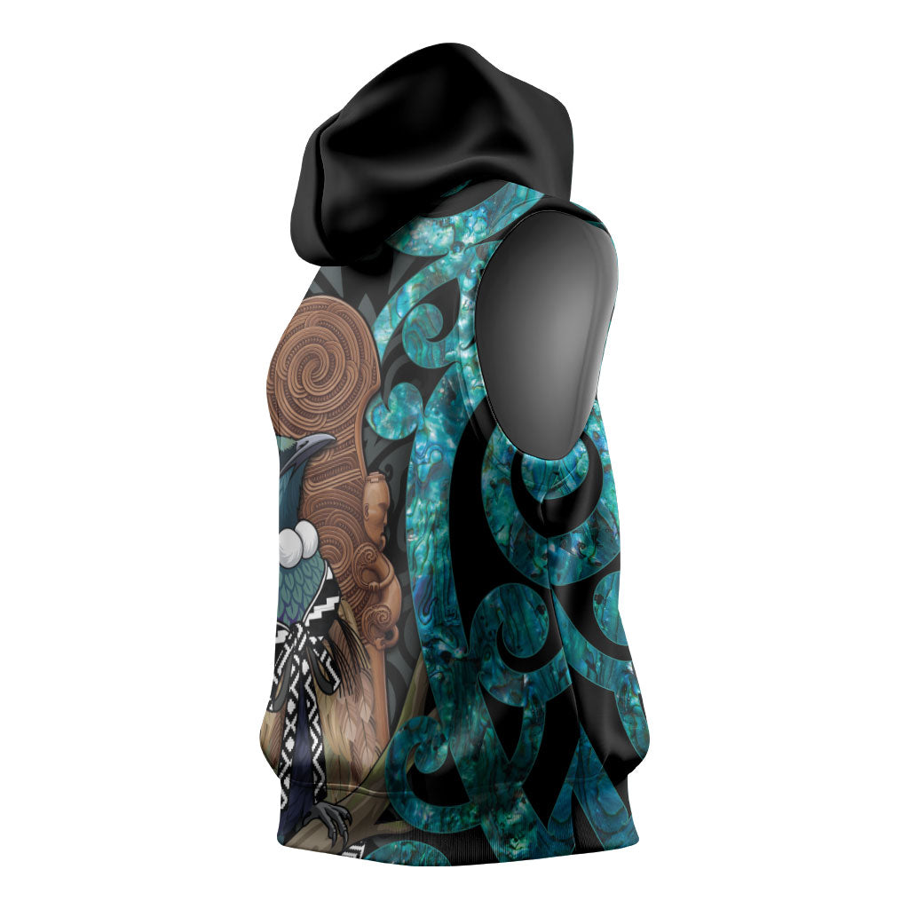 New Zealand Tui Bird Wahaika Sleeveless Hoodie Maori Weapon Paua Shell Koru Pattern LT22 - Polynesian Pride