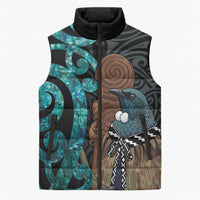 New Zealand Tui Bird Wahaika Sleeveless Puffer Jacket Maori Weapon Paua Shell Koru Pattern LT22 Unisex Black - Polynesian Pride