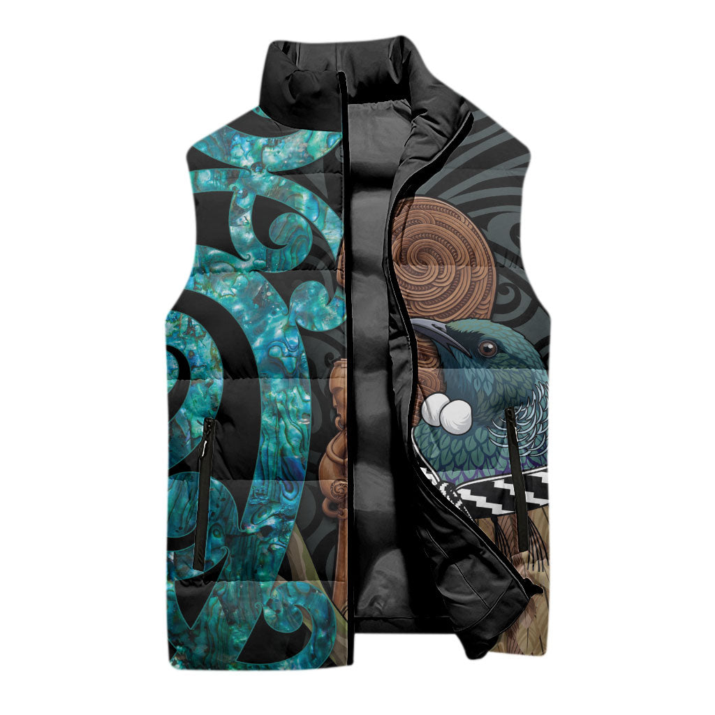 New Zealand Tui Bird Wahaika Sleeveless Puffer Jacket Maori Weapon Paua Shell Koru Pattern LT22 - Polynesian Pride