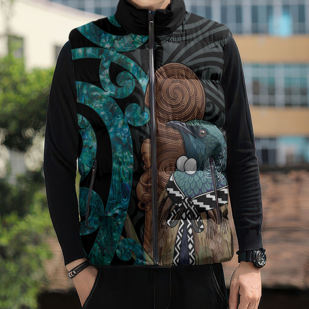 New Zealand Tui Bird Wahaika Sleeveless Puffer Jacket Maori Weapon Paua Shell Koru Pattern LT22 - Polynesian Pride