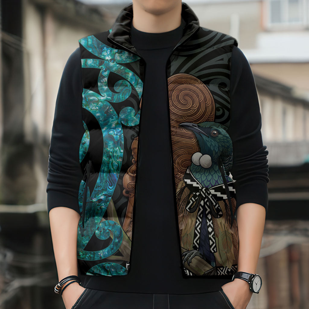 New Zealand Tui Bird Wahaika Sleeveless Puffer Jacket Maori Weapon Paua Shell Koru Pattern LT22 - Polynesian Pride