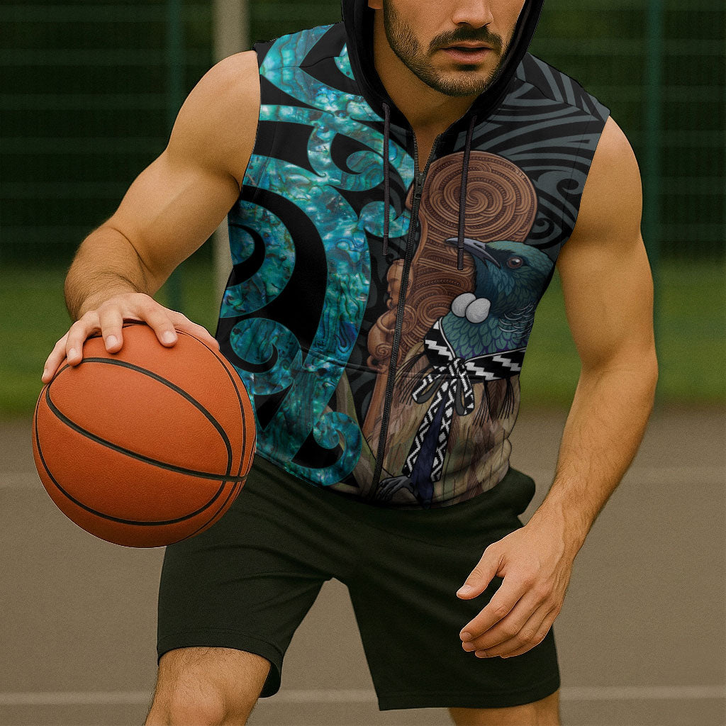 New Zealand Tui Bird Wahaika Sleeveless Zip Hoodie Maori Weapon Paua Shell Koru Pattern LT22 - Polynesian Pride