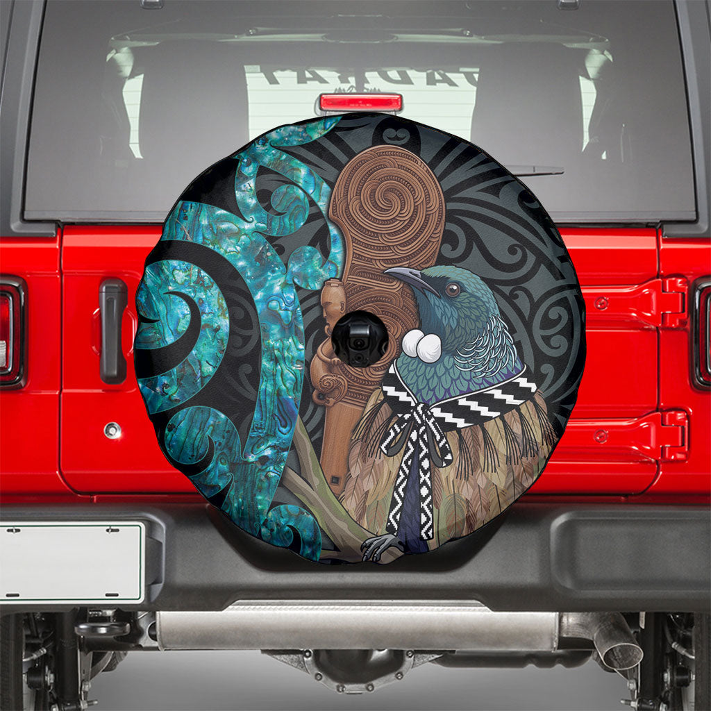 New Zealand Tui Bird Wahaika Spare Tire Cover Maori Weapon Paua Shell Koru Pattern LT22 - Polynesian Pride