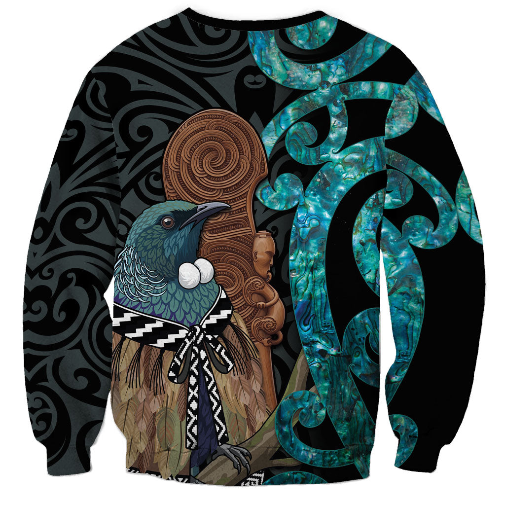 New Zealand Tui Bird Wahaika Sweatshirt Maori Weapon Paua Shell Koru Pattern LT22 - Polynesian Pride