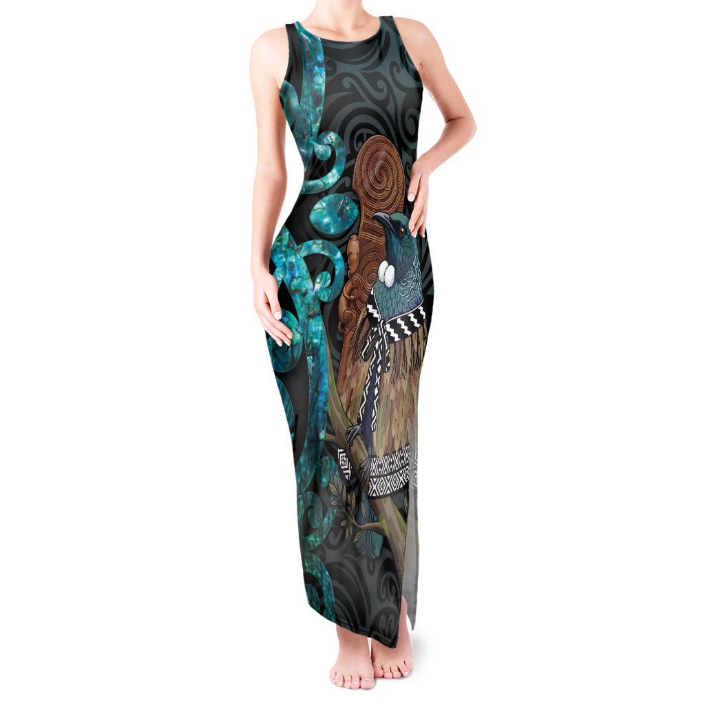 New Zealand Tui Bird Wahaika Tank Maxi Dress Maori Weapon Paua Shell Koru Pattern LT22 Women Black - Polynesian Pride
