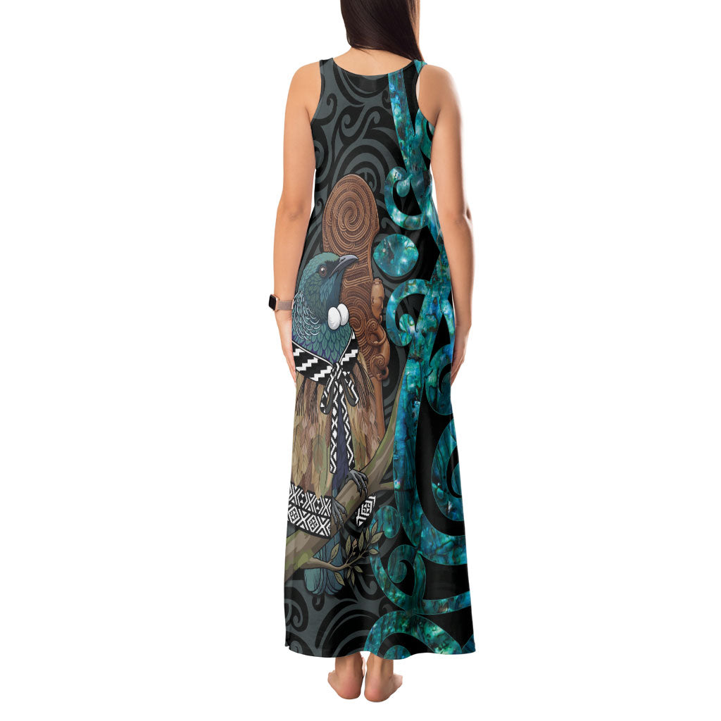 New Zealand Tui Bird Wahaika Tank Maxi Dress Maori Weapon Paua Shell Koru Pattern LT22 - Polynesian Pride