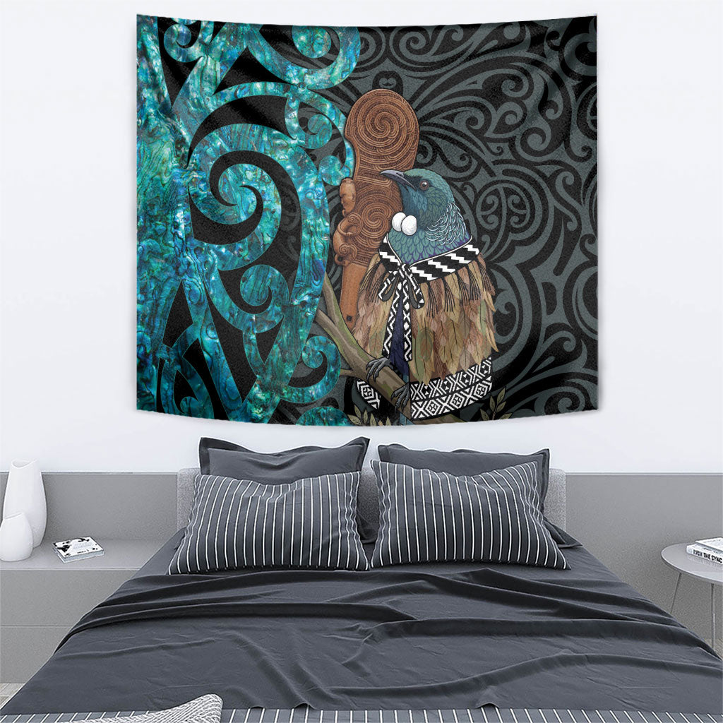 New Zealand Tui Bird Wahaika Tapestry Maori Weapon Paua Shell Koru Pattern LT22 - Polynesian Pride