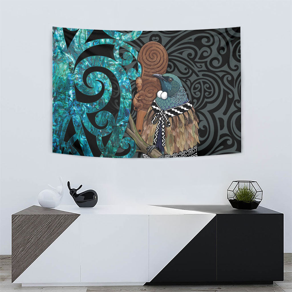 New Zealand Tui Bird Wahaika Tapestry Maori Weapon Paua Shell Koru Pattern LT22 - Polynesian Pride