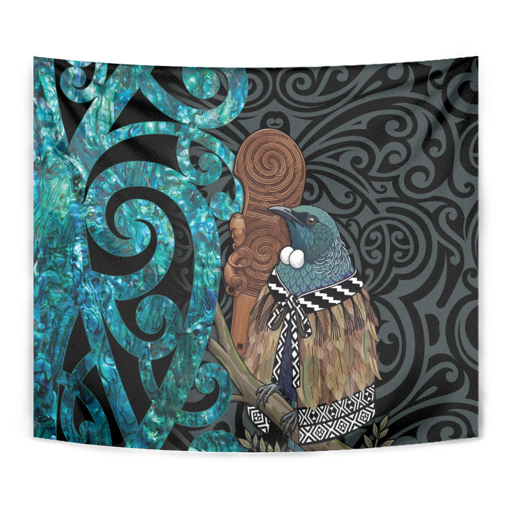 New Zealand Tui Bird Wahaika Tapestry Maori Weapon Paua Shell Koru Pattern LT22 - Polynesian Pride