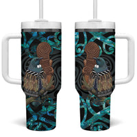New Zealand Tui Bird Wahaika Tumbler With Handle Maori Weapon Paua Shell Koru Pattern LT22 One Size: 40 oz Black - Polynesian Pride