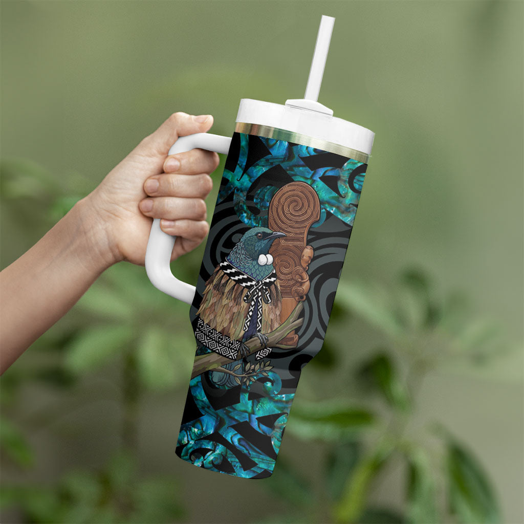 New Zealand Tui Bird Wahaika Tumbler With Handle Maori Weapon Paua Shell Koru Pattern LT22 - Polynesian Pride