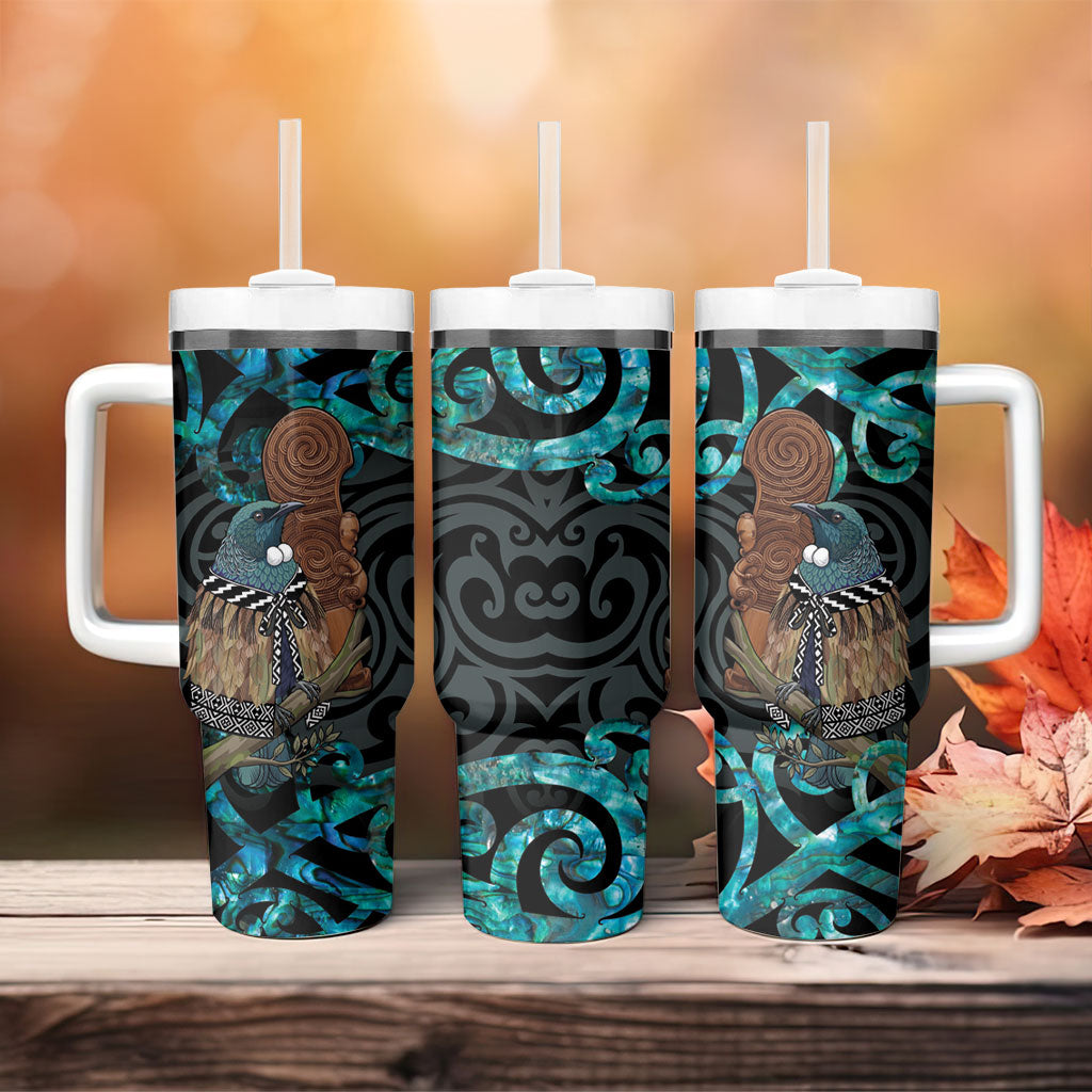 New Zealand Tui Bird Wahaika Tumbler With Handle Maori Weapon Paua Shell Koru Pattern LT22 - Polynesian Pride