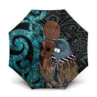 New Zealand Tui Bird Wahaika Umbrella Maori Weapon Paua Shell Koru Pattern LT22 One Size Folded 11.42 inch Opened Diameter 37.4 inch Black - Polynesian Pride