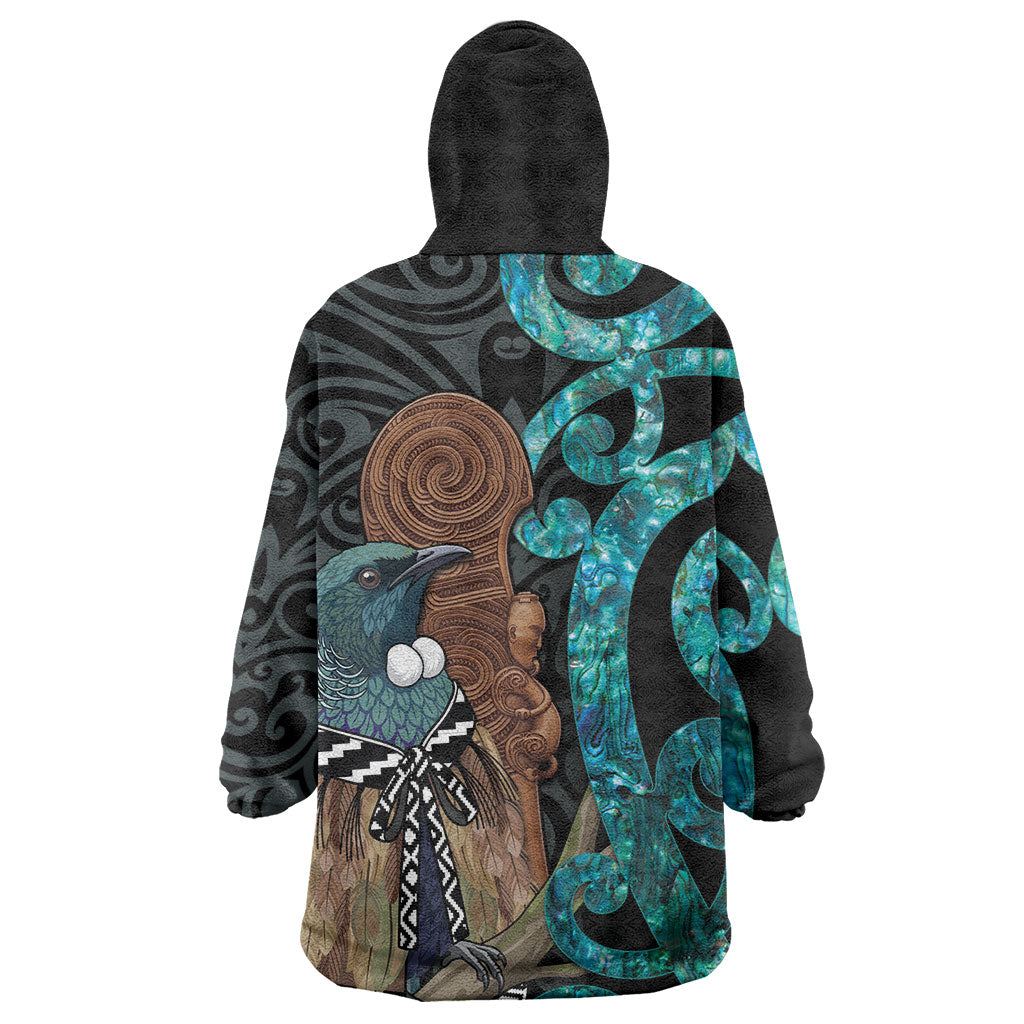 New Zealand Tui Bird Wahaika Wearable Blanket Hoodie Maori Weapon Paua Shell Koru Pattern LT22 - Polynesian Pride