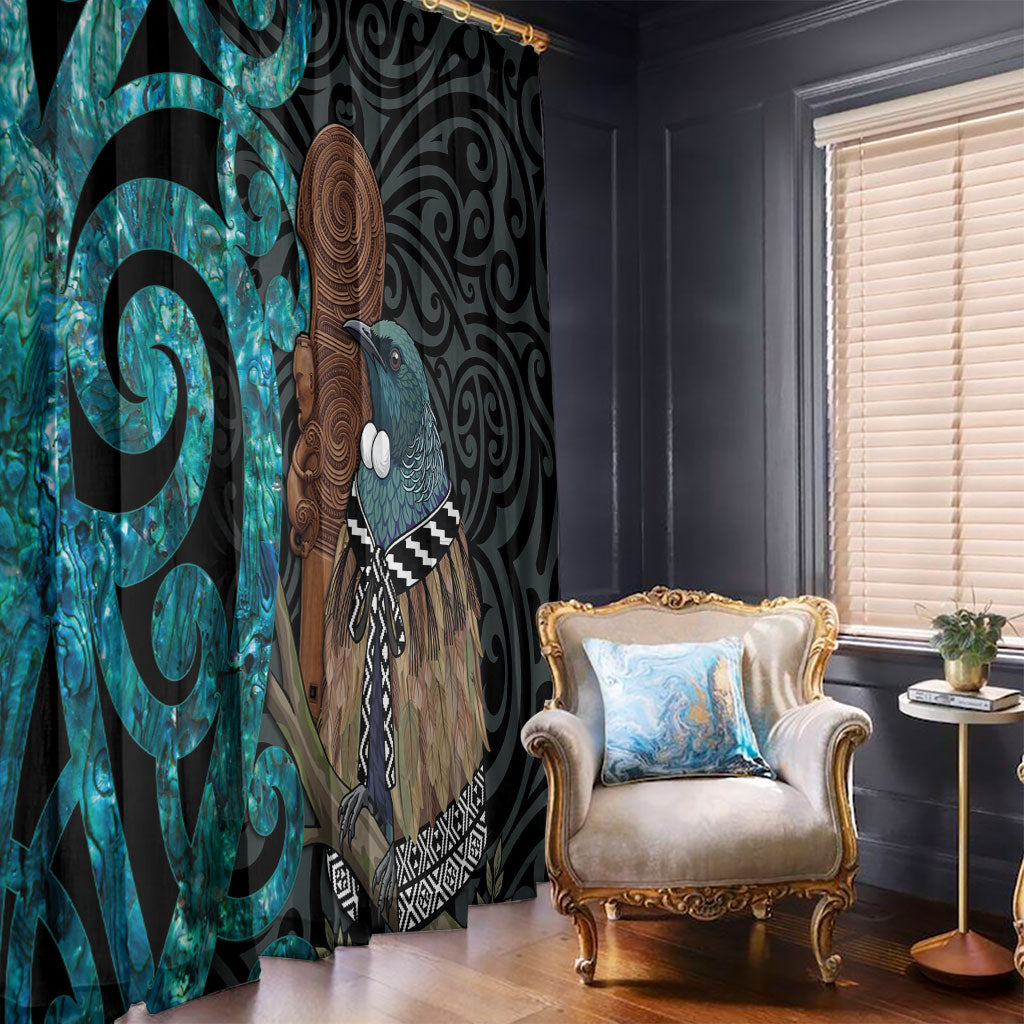 New Zealand Tui Bird Wahaika Window Curtain Maori Weapon Paua Shell Koru Pattern LT22 - Polynesian Pride