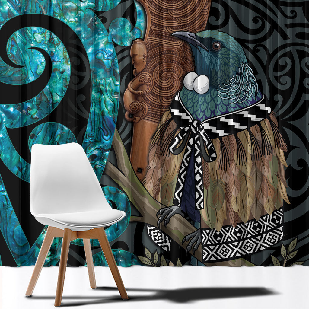 New Zealand Tui Bird Wahaika Window Curtain Maori Weapon Paua Shell Koru Pattern LT22 - Polynesian Pride