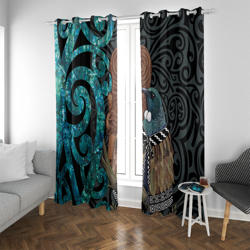 New Zealand Tui Bird Wahaika Window Curtain Maori Weapon Paua Shell Koru Pattern LT22 With Grommets Black - Polynesian Pride