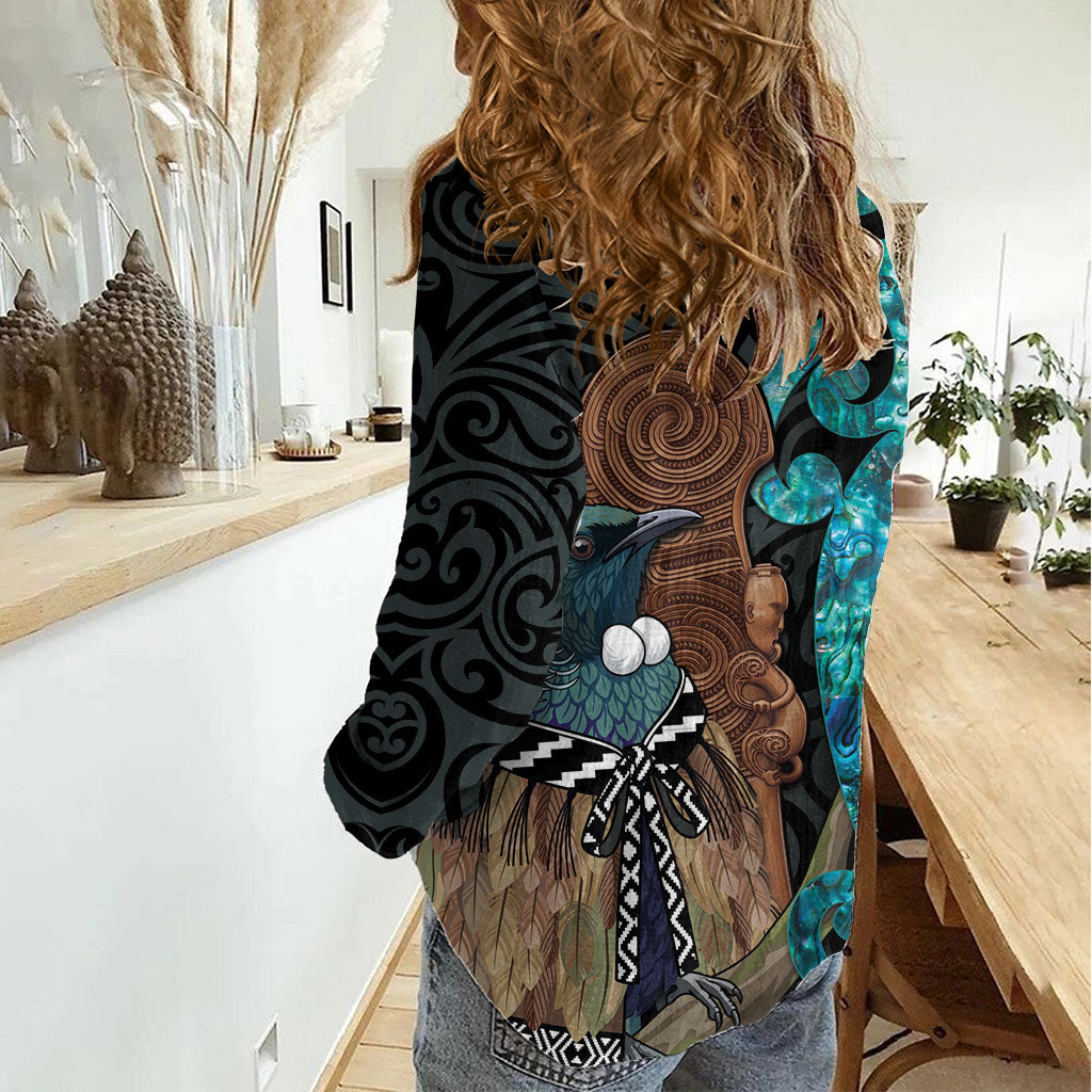 New Zealand Tui Bird Wahaika Women Casual Shirt Maori Weapon Paua Shell Koru Pattern LT22 - Polynesian Pride