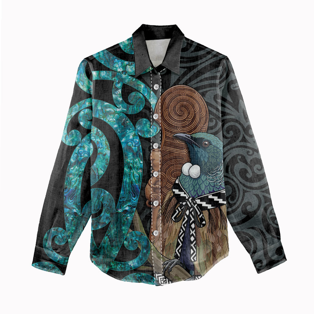 New Zealand Tui Bird Wahaika Women Casual Shirt Maori Weapon Paua Shell Koru Pattern LT22 - Polynesian Pride
