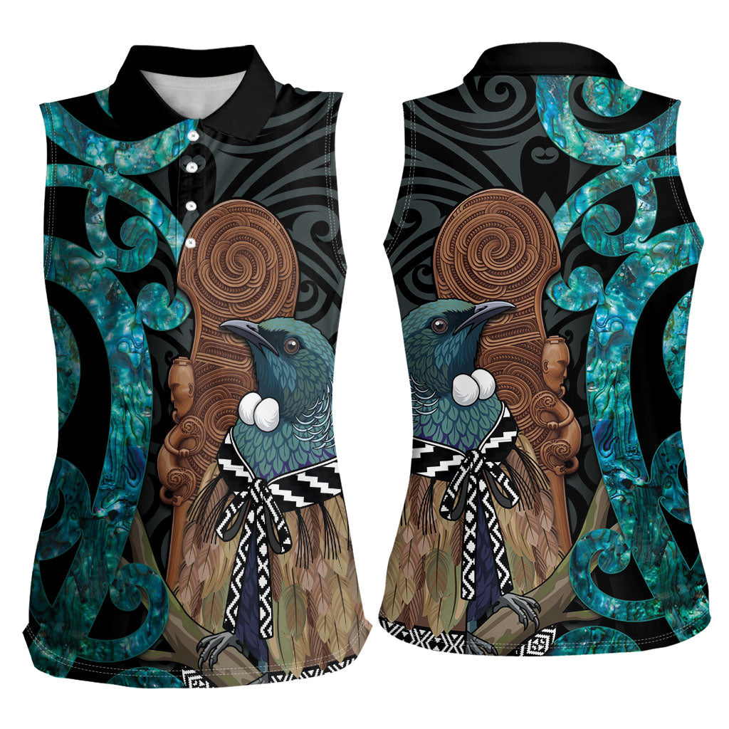 New Zealand Tui Bird Wahaika Women Sleeveless Polo Shirt Maori Weapon Paua Shell Koru Pattern LT22 - Polynesian Pride