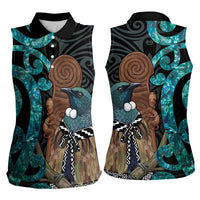 New Zealand Tui Bird Wahaika Women Sleeveless Polo Shirt Maori Weapon Paua Shell Koru Pattern LT22 - Polynesian Pride