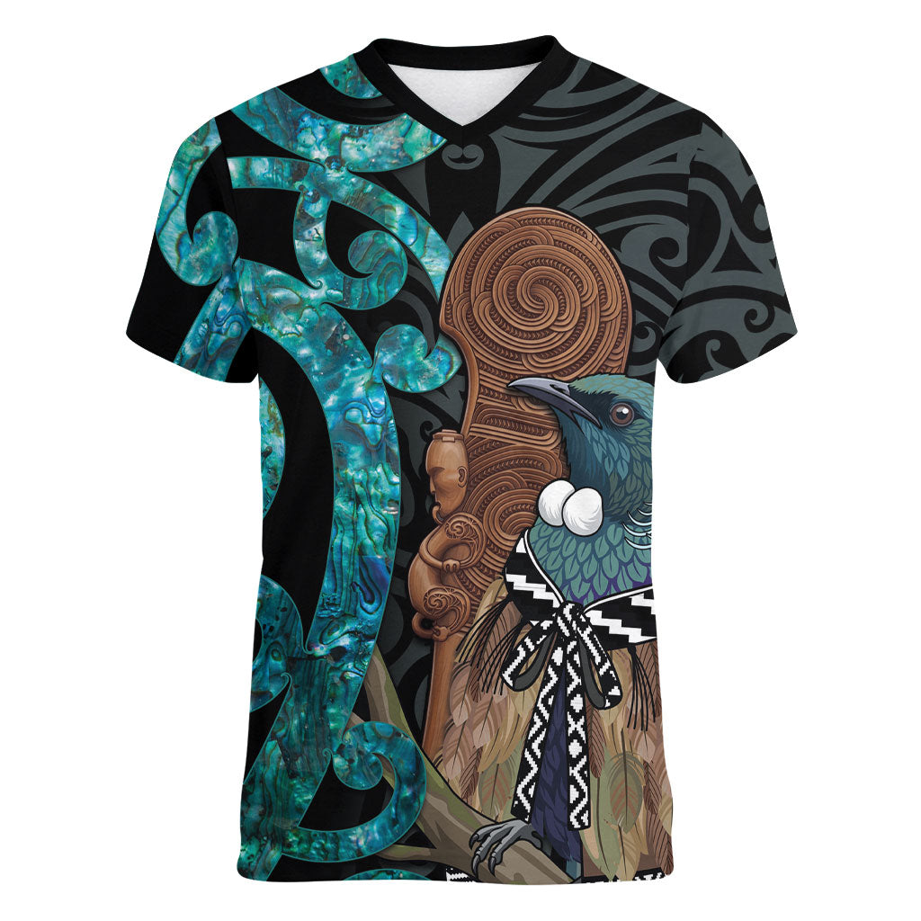 New Zealand Tui Bird Wahaika Women V-Neck T-Shirt Maori Weapon Paua Shell Koru Pattern LT22 Female Black - Polynesian Pride