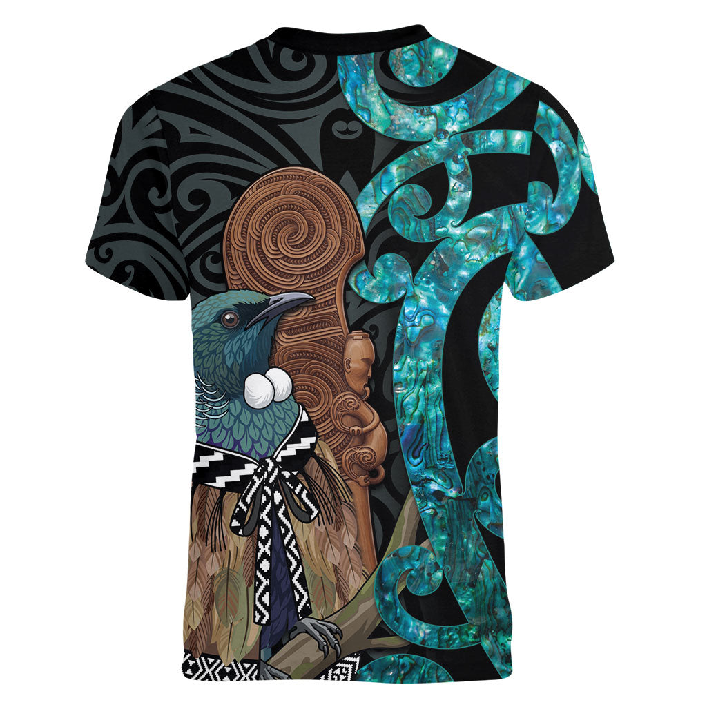 New Zealand Tui Bird Wahaika Women V-Neck T-Shirt Maori Weapon Paua Shell Koru Pattern LT22 - Polynesian Pride