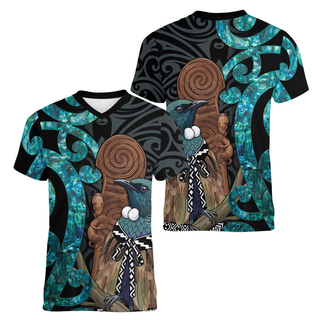 New Zealand Tui Bird Wahaika Women V-Neck T-Shirt Maori Weapon Paua Shell Koru Pattern LT22 - Polynesian Pride