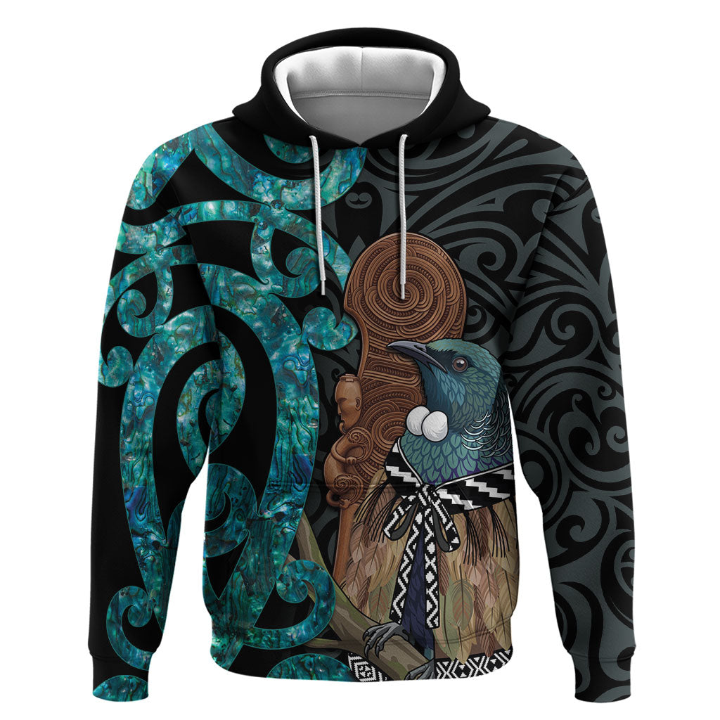 New Zealand Tui Bird Wahaika Zip Hoodie Maori Weapon Paua Shell Koru Pattern LT22 Pullover Hoodie Black - Polynesian Pride