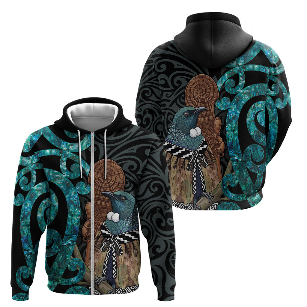 New Zealand Tui Bird Wahaika Zip Hoodie Maori Weapon Paua Shell Koru Pattern LT22 - Polynesian Pride