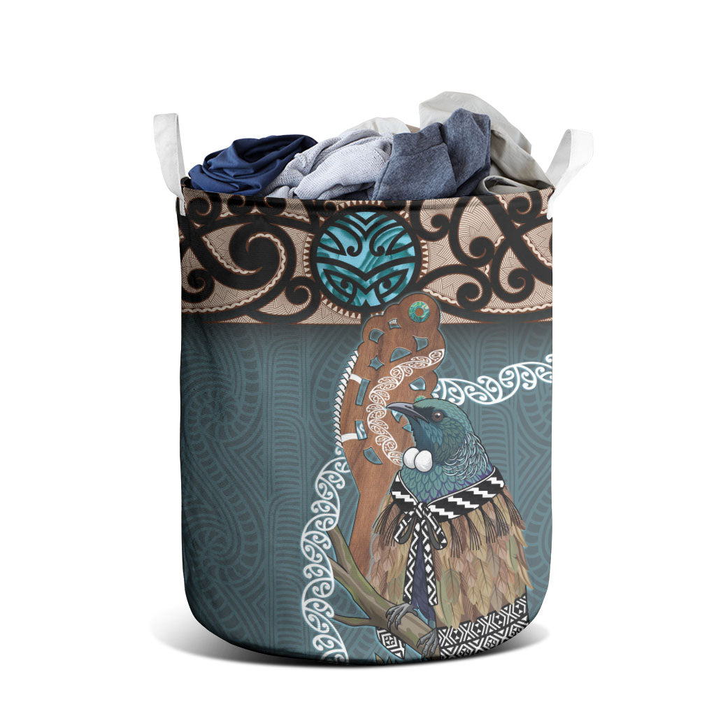 New Zealand Tui Bird Maripi Laundry Basket Maori Weapon Kowhaiwhai Pattern LT22 - Polynesian Pride